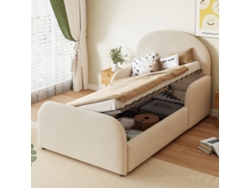 Cama Infantil Tapizada 90x200 - Con Almacenamiento Hidráulico, Cabecero Alto Y Barandillas De Seguridad - Beige