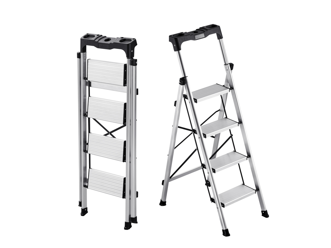Escalera plegable de aluminio de 4 peldaños con VEVOR, peldaños anchos antideslizantes y asa, capacidad de 150 kg
