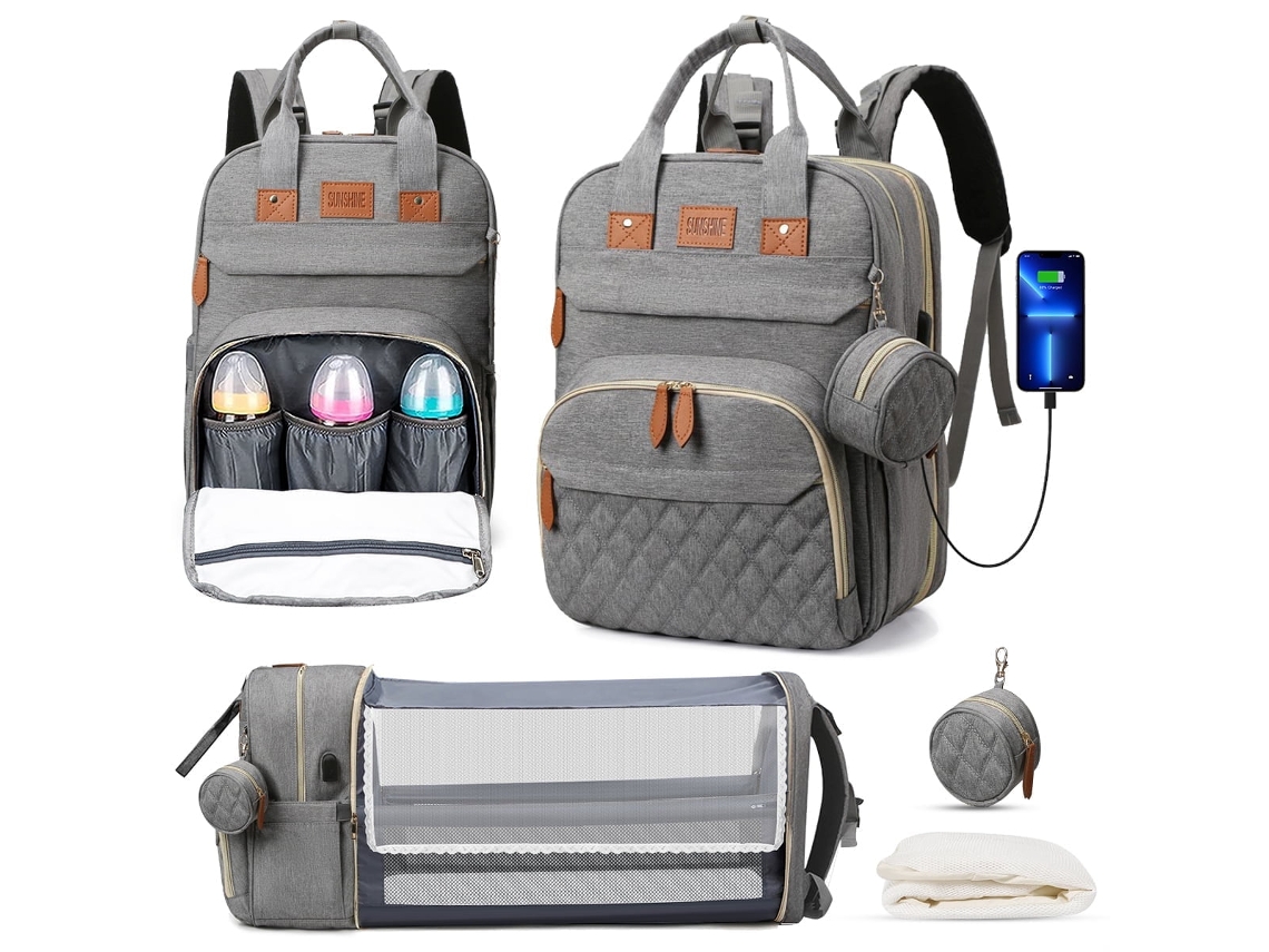 Mochila Pañalera Con Cambiador, Puerto De Carga USB Y Cuna Plegable Con Parasol SIURN Gris