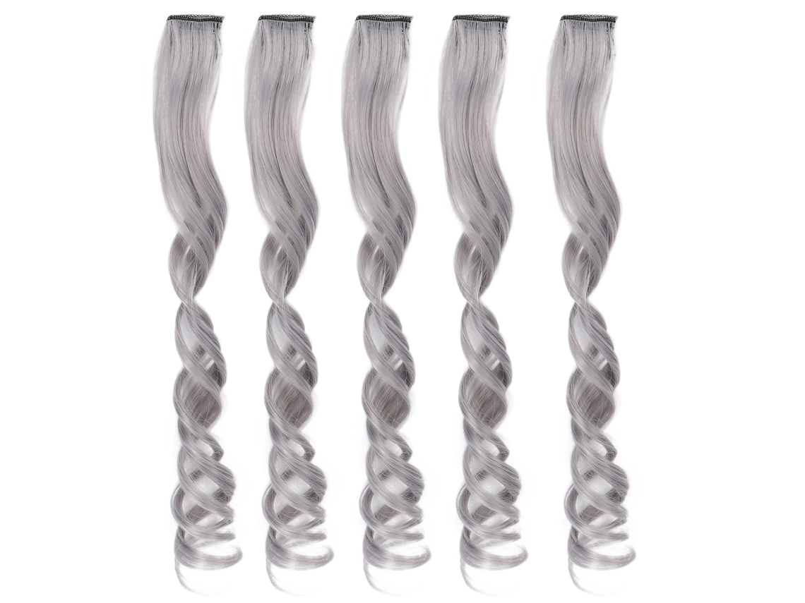 5pcs Extensiones De Pelo Rizado Largo Gris Con Clip Para Destacados Moda Mujer Niña