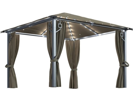 vidaXL Cenador con cortina y tira de luz aluminio taupé 300x300 cm