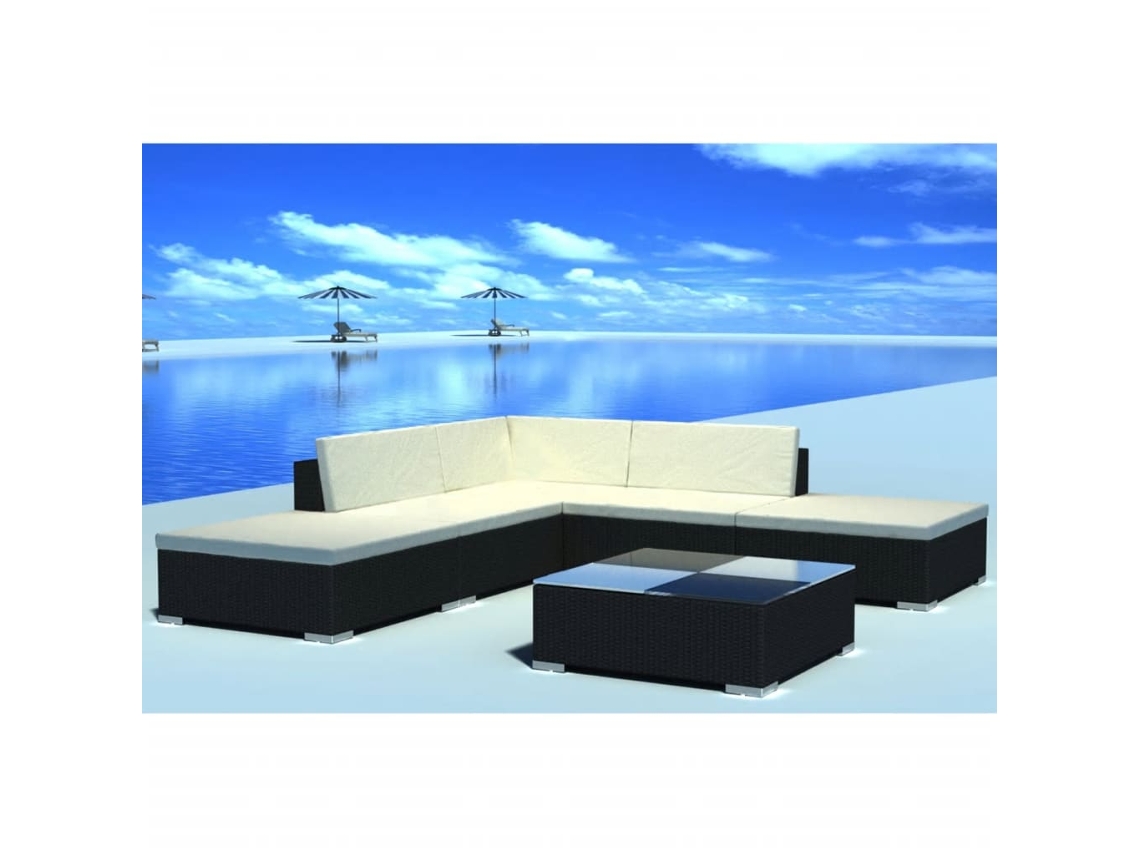 Conjunto de jardín de 6 piezas con cojines, mimbre sintético negro, DKD Home Decor