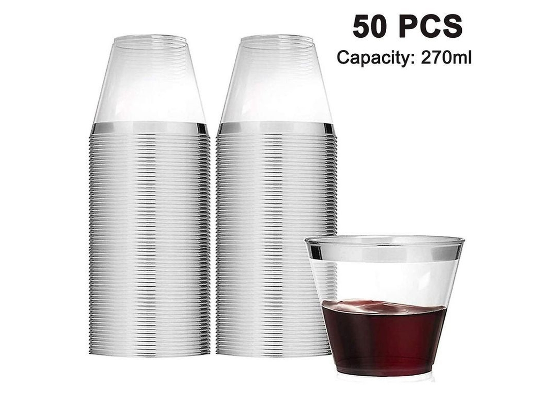 50 Jarrones Plásticos para Cócteles 9 Oz Con Borde Dorado, Rosa Dorado o Plata Transparentes Desechables