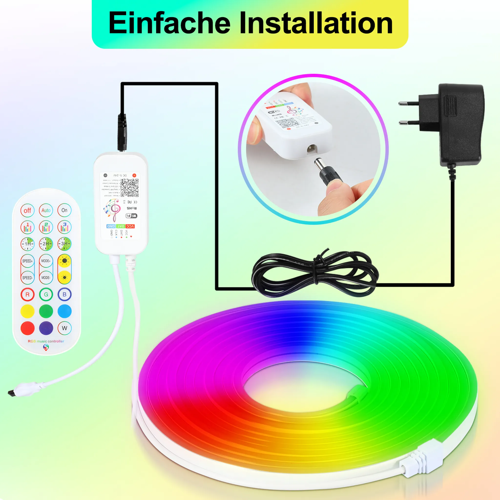 Luz De Neón Rgb De 5 V Con Conector Usb - Aplicación Bluetooth + Mando A Distancia Infrarrojo De 24 Botones (3535) - 2 Metros