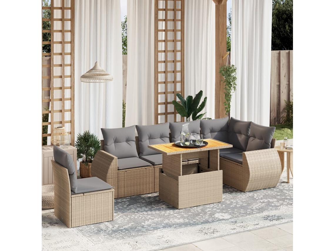 Conjunto de 7 sofás de jardín con cojines de mimbre beige de Dkd Home Decor