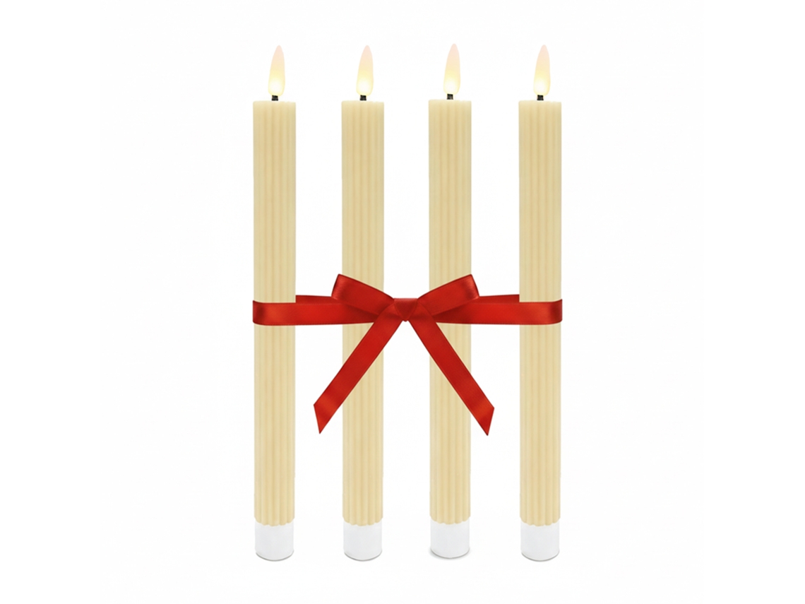 Velas Led Relaxdays, Conjunto 4, A X D: 25 X 2 Cm, Chama A Piscar, Cera Real, Ranhuras, Velas Sem Chama, Bege