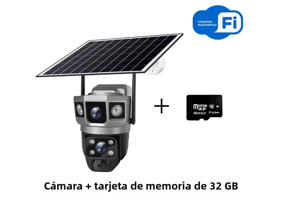 Cámara De Vigilancia Para Exteriores Con Wifi, Doble Lente, Triple Pantalla, 12 Mp, Zoom 10x Y Energía Solar (32 Gb)