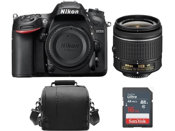 Kit Cámara Réflex NIKON D7200 + AF-P DX 18-55mm F3.5-5.6G VR + Bolsa + 16GB SD