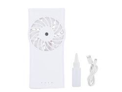Mini ventilador portátil con rociador, recargable por USB, blanco.