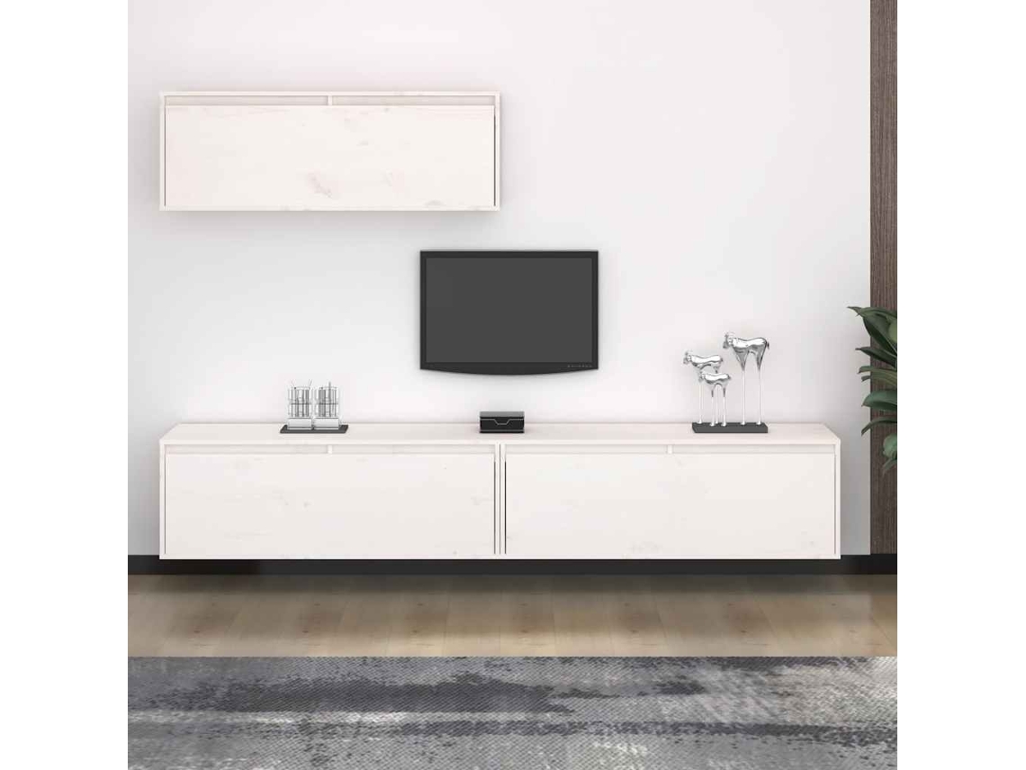 Conjunto de muebles para TV de 3 piezas | Mueble para TV | Mueble para TV de madera maciza de pino, blanco