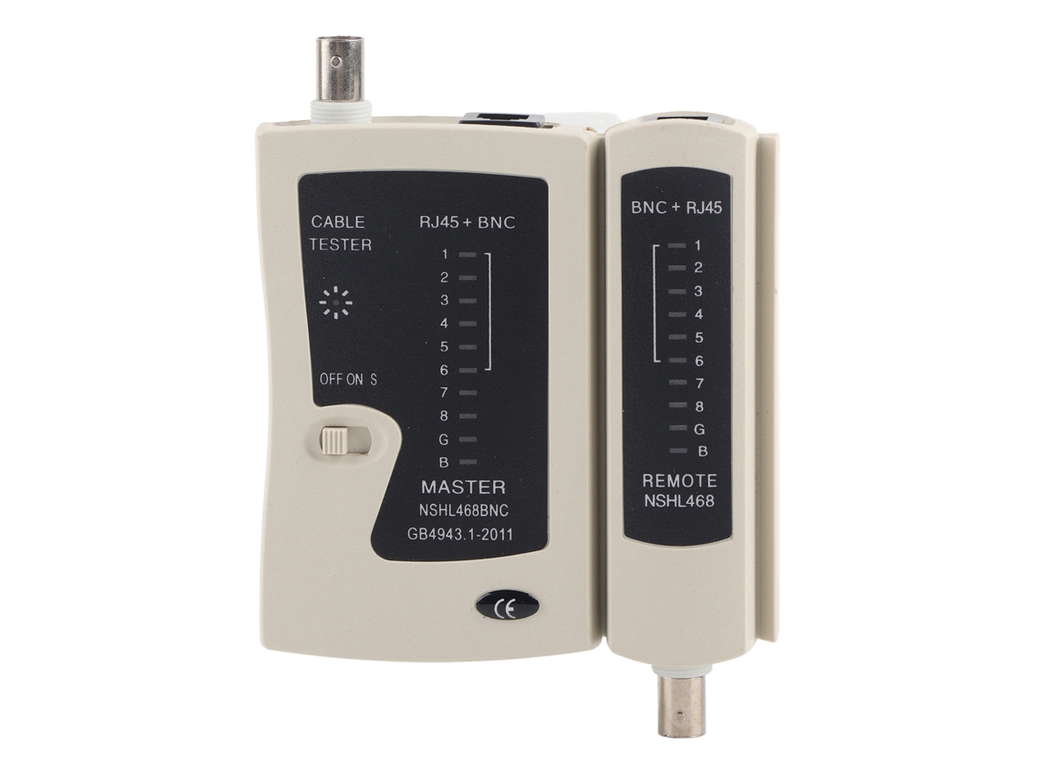 Probador de cables RJ45+BNC (sin marca) para redes y telefonía.