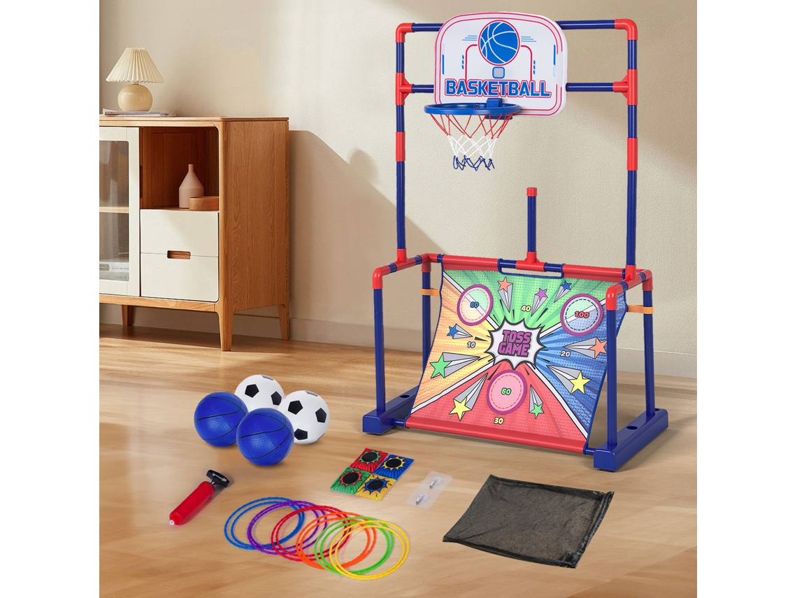 Todeco Juego 4 En 1 Para Niños – Canasta De Baloncesto, Portería De Fútbol, Lanzamiento De Aros Y Bolsas De Arena Con Marcador Led