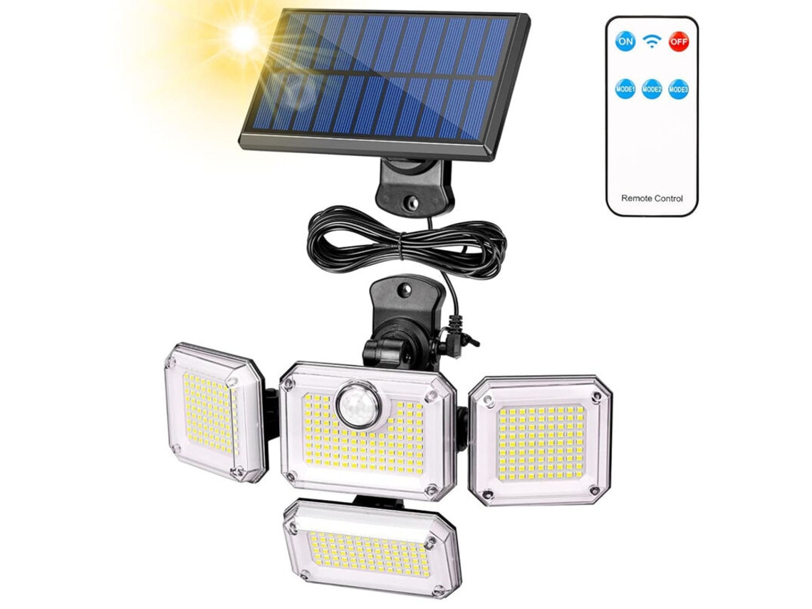 Lámpara solar para exteriores, 333 LED/3 modos, resistente al agua, proyector solar LED para exteriores, foco solar, ángulo de iluminación de 240° con control remoto, cable de 5 m.