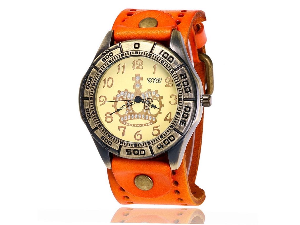 Reloj De Pulsera De Cuarzo Unisex Ccq Con Dial Grande Bronce Y Correa De Pu Naranja