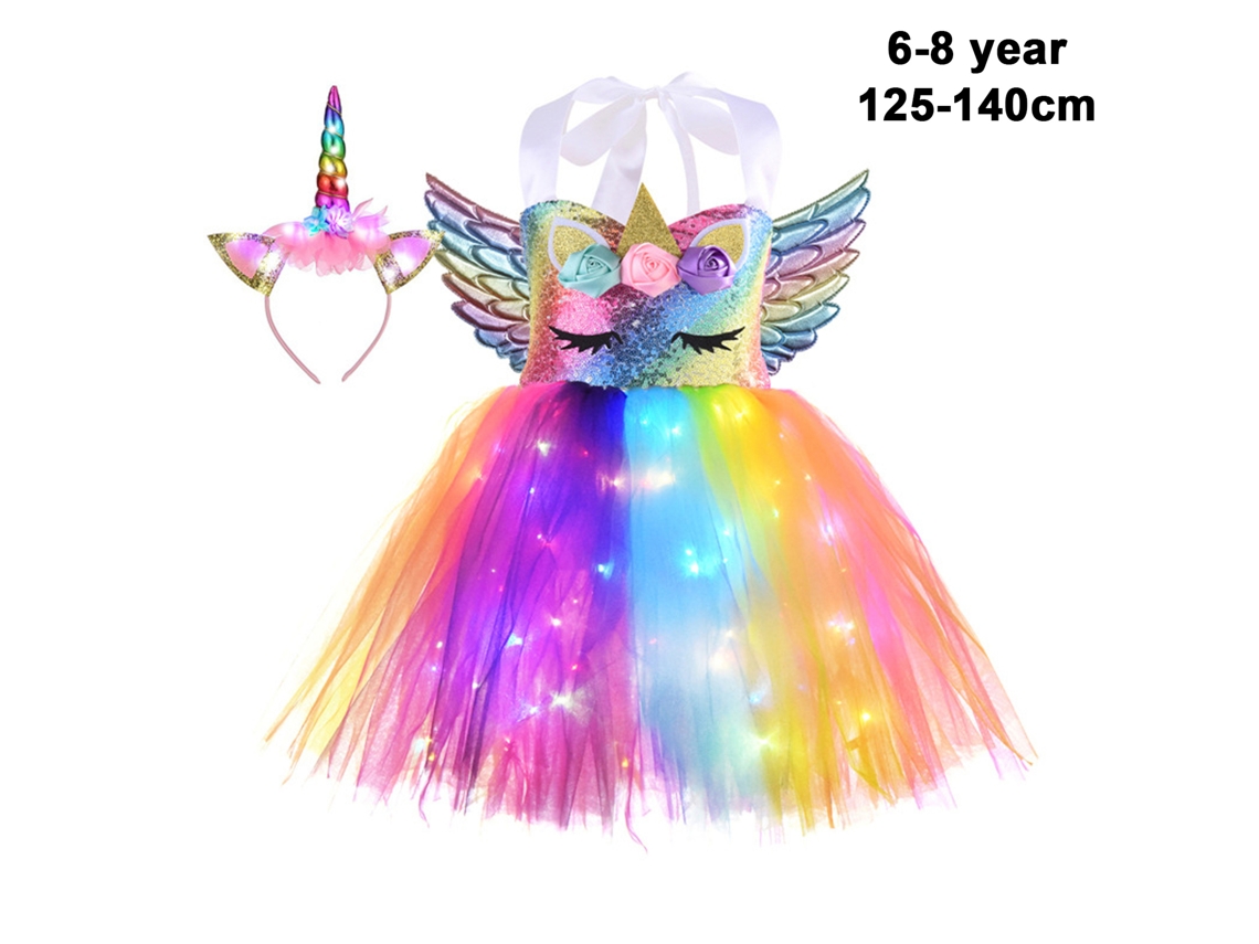 Traje Led Para Niña Con Lentejuelas Vestido Arcoíris Alas Y Diadema Para Fiestas Cumpleaños Disfraces Talla 8t 125-140cm