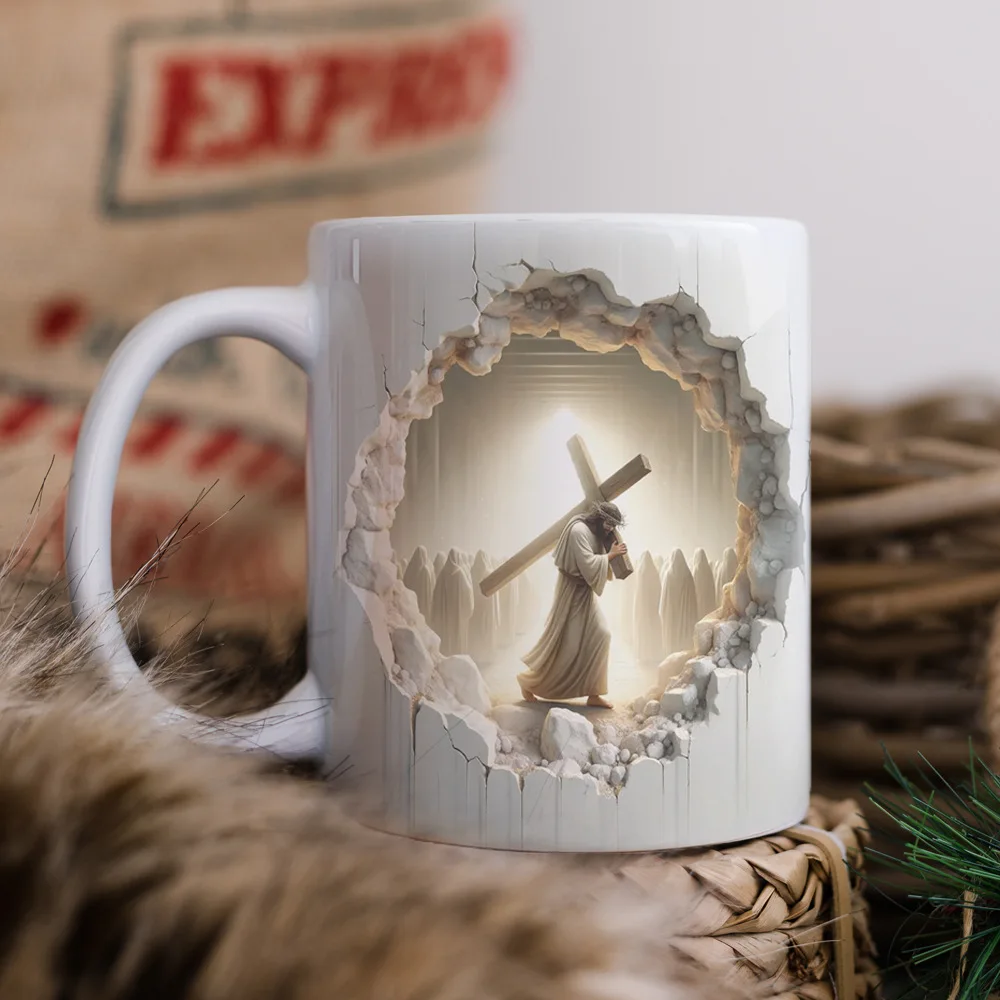 Taza de café de cerámica con una cruz en la parte posterior, taza de leche 3D, taza de desayuno creativa. MDUG (blanca, 330 ml)