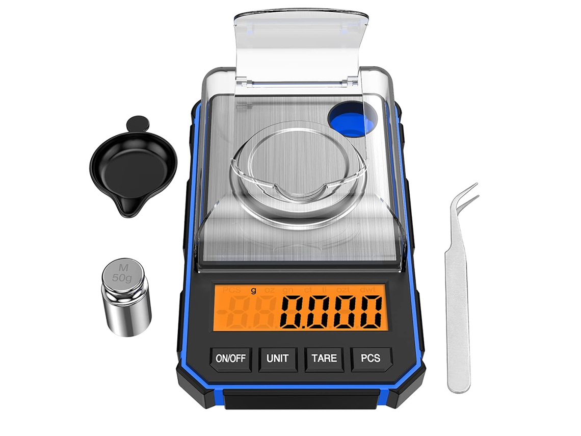 Báscula de precisión de 0,001 g y 50 g con pantalla LCD portátil, pesa de calibración de 50 g y pinzas antielectrostáticas.
