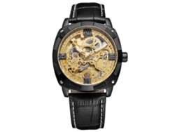 Reloj Mecánico Automático De Moda Para Hombre Con Correa De Piel Sintética, Diseño Negro Y Dorado.