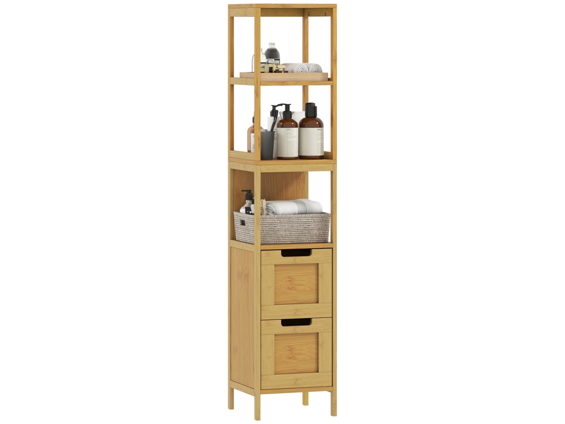 Armario Alto Para Baño Con 3 Estantes Y 2 Cajones De Bambú Estilo Moderno 30x30x144,3 Cm Natural