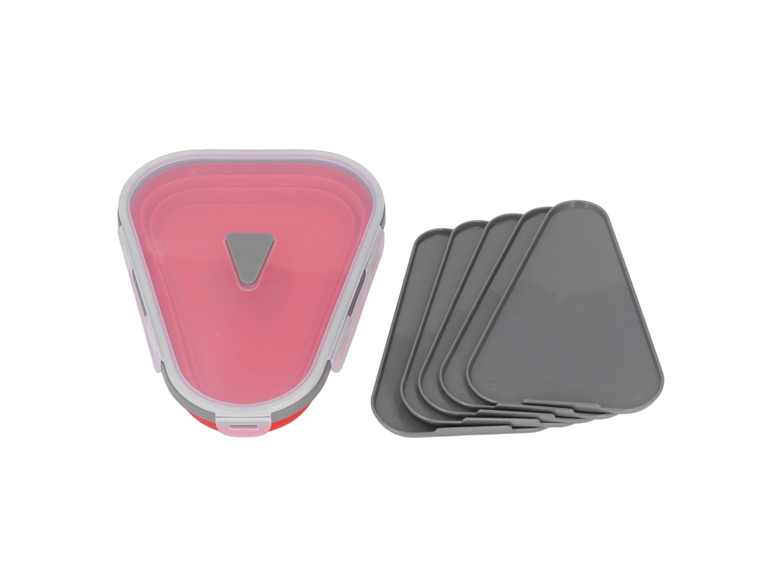 Contenedor triangular plegable para pizza con prácticos separadores.