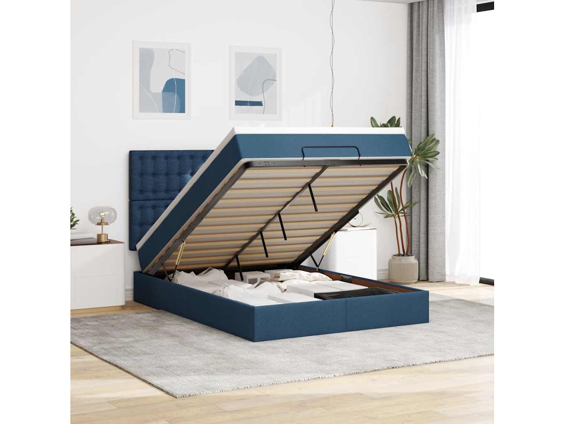 Estructura De Cama Otomana Con Colchón Tela Azul 140x190cm