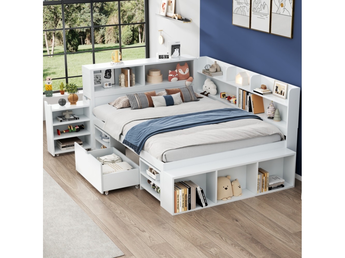 Cama Infantil 140x190 Cm Com Gavetas, Prateleiras E Arrumação, Estrado De Ripas, Branca (sem Colchão)