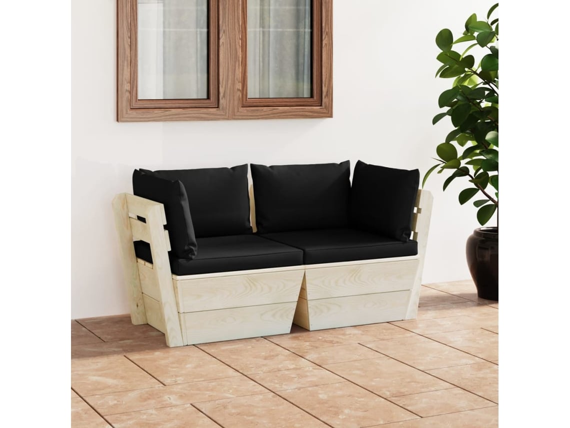 Sofá de palets de jardín de 2 plazas con cojines de madera de abeto DKD Home Decor