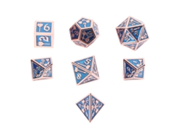 Conjunto Mali de 7 dados poliédricos de metal para jogos de tabuleiro, com números e portateis transparentes.