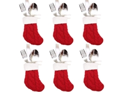 Juego De 6 Soportes Navideños Para Cubiertos Con Diseño De Calcetín Rojo Tejido.