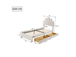Cama individual tapizada en terciopelo con 2 cajones - 90x200cm - Cabecero con forma de flor - Somier de muelles - Beige