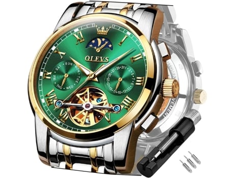 VEANXIN Reloj mecánico automático Tourbillon de acero inoxidable resistente al agua con fecha luminosa para hombre(Correa blanca y cara verde.)