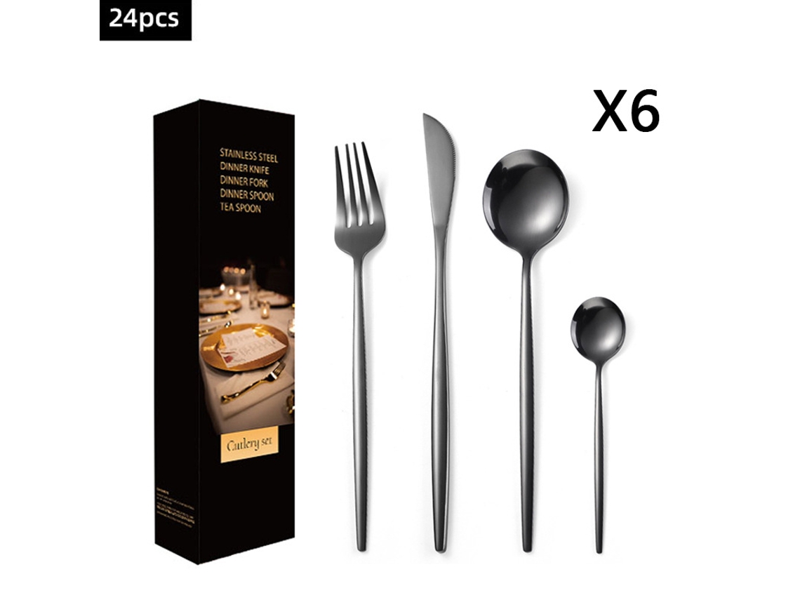 (24 Piezas Negras) Juego De Cubiertos De Acero Inoxidable Con Cuchillo, Tenedor Y Cuchara