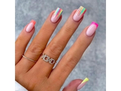 Uñas Postizas Cuadradas Medianas Con Diseño De Rayas Arcoíris, Cobertura Completa A La Moda.