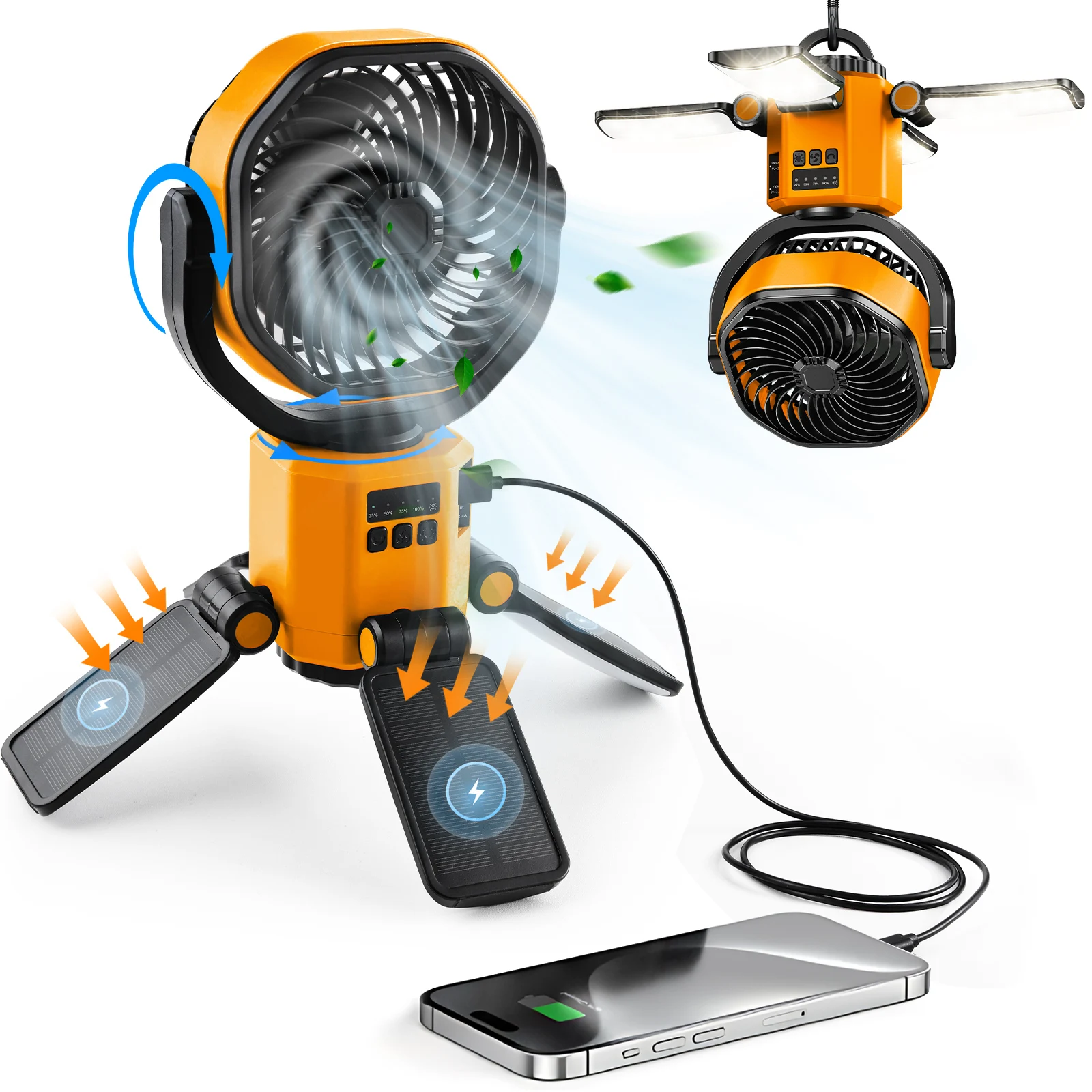 Ventilador Solar (amarillo), 4 Velocidades, Con Luz Led, Para Exteriores.