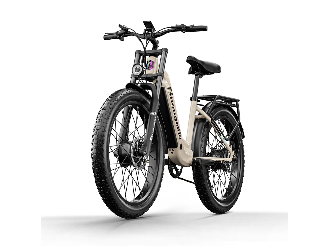 Bicicleta eléctrica urbana Shengmilo S700 con neumáticos anchos y cuadro abierto de 26 pulgadas, dos motores de 1000 W y batería de 48 VE y 17,5 Ah.