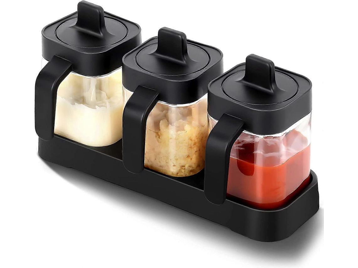 3 Frascos De Especias De Vidrio Con Cuchara Y Tapa 400ml Capacidad Grande Para Cocina Y Bar Cafetería Negro