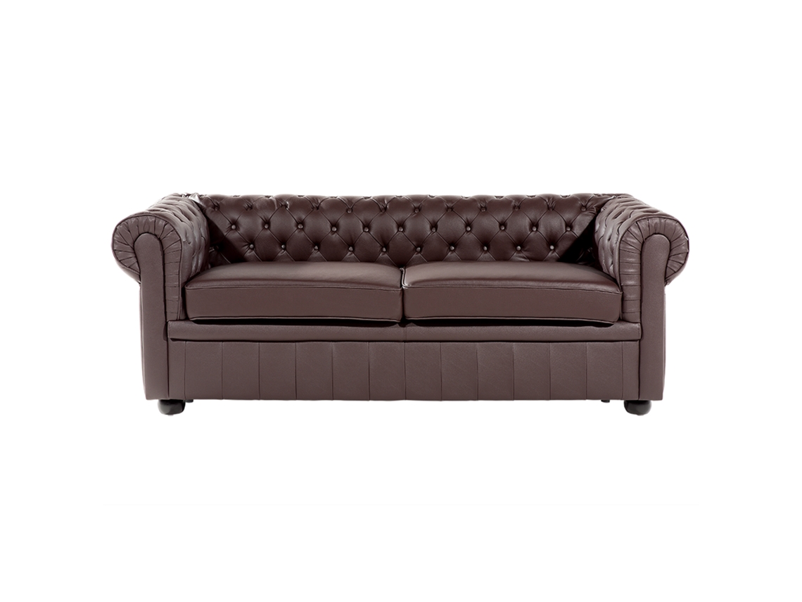 Sofá de 3 plazas BELIANI Chesterfield de Piel Marrón 195x75x70
