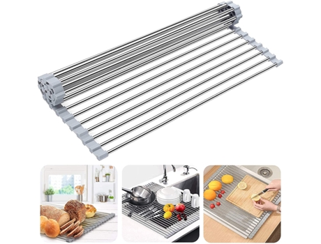 Escurreplatos Enrollable 17x 13.5 - Estera De Cocina De Acero Inoxidable Plegable Multiusos Resistente Al Calor (45 * 35 Cm) Gris ZMDECQNA