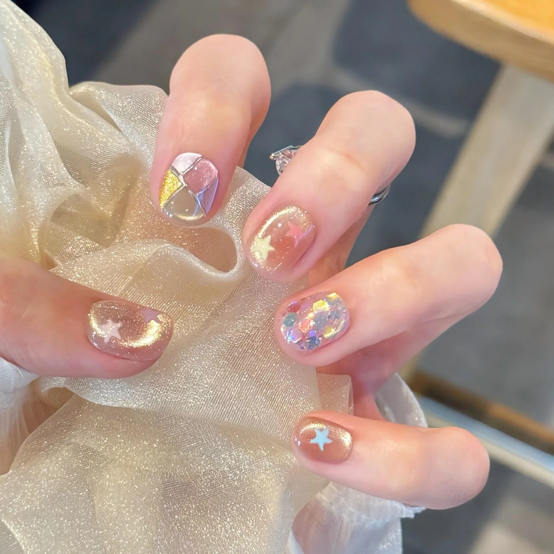 (608-l) Paquete De 10 Uñas Postizas Hechas A Mano, Estilo Ojo De Gato, Cortas, Cuadradas/redondas, De Ajuste A Presión.