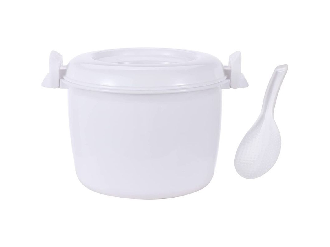 Arrocera Portátil Para Microondas Con Cuchara Para Arroz Y Vaporera, Pequeña, Blanca.