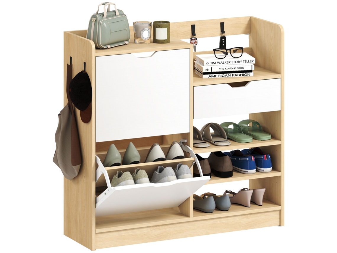 Zapatero Para Pasillo, Con Cajón, Ganchos, Capacidad Para 14 Pares, Color Blanco Natural.