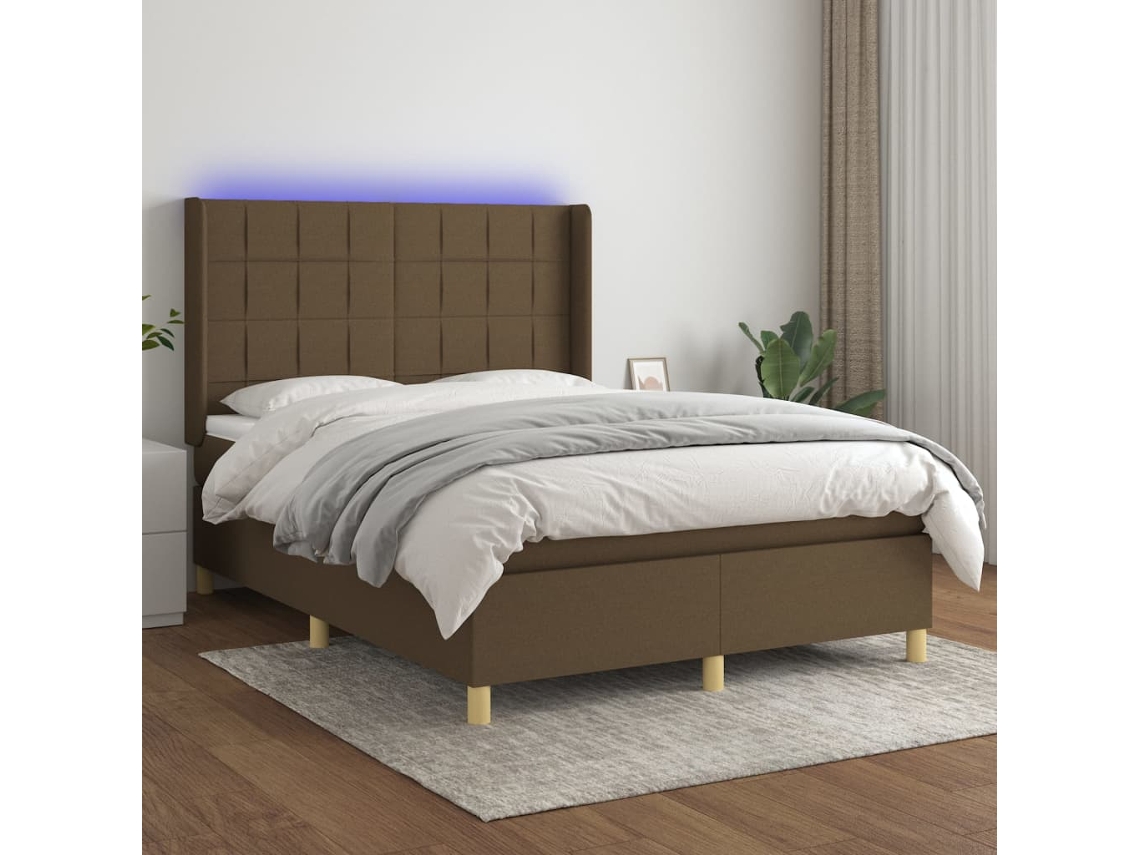 Cama Box Spring Colchón Luces Led Tela Marrón Oscuro 140x190 Cm