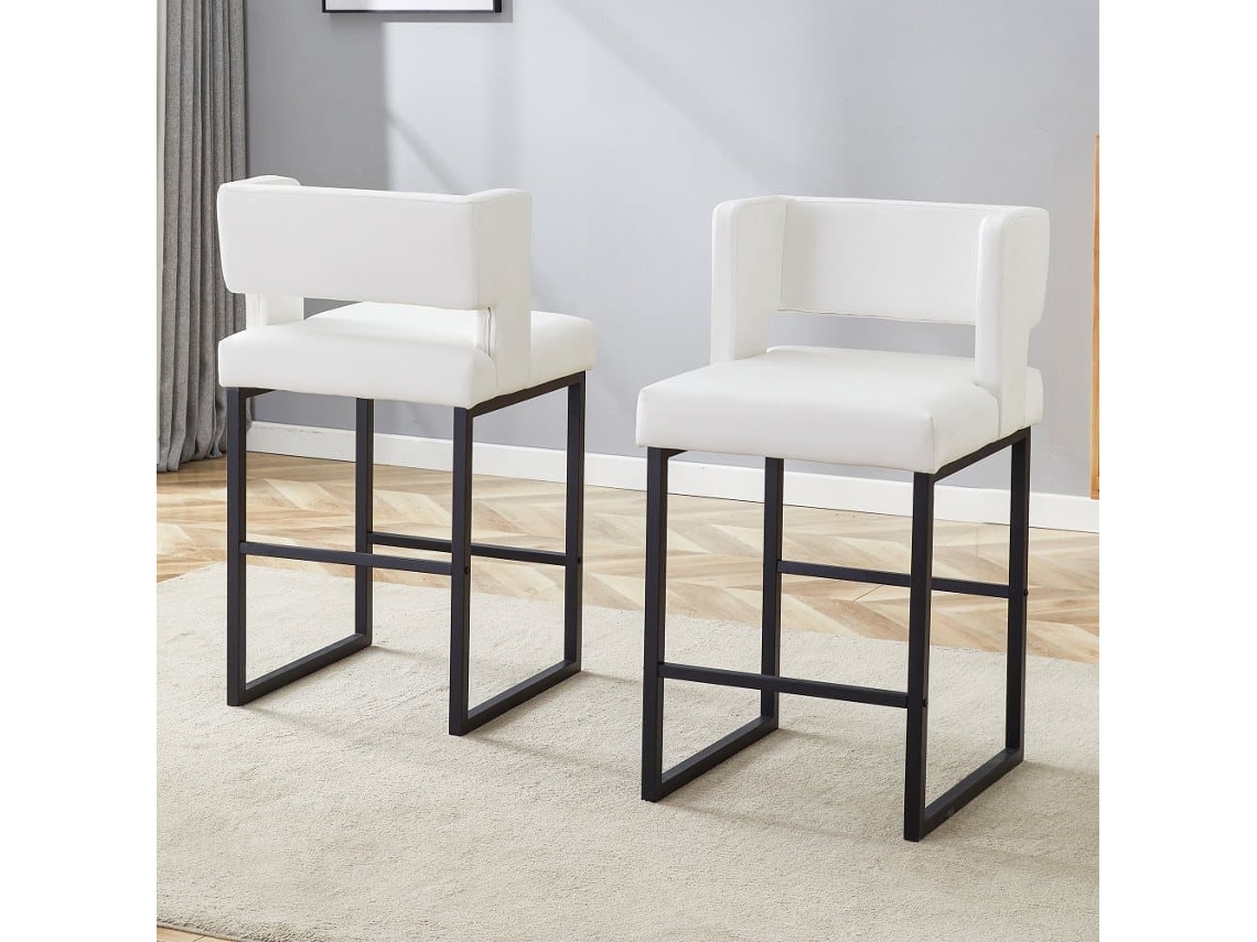 Sillas De Bar 2 Unidades - Estilo Nórdico, Diseño Cuadrado, Patas Metálicas Negras - Blanco+negro