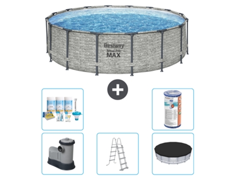 Piscina BESTWAY Round Steel Pro MAX - Estampado Piedra - 488 x 122 cm - Incluida Bomba - Escalera - Cobertor Paquete de mantenimiento - Filtrar