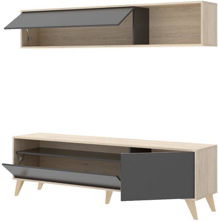 Hogar24 Es Modelo bonn mueble de salóncomedor tv. color grafito y madera natural conjunto dkit gris