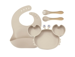 Set De Cuatro Piezas De Silicona Beige Para Bebés: Platos, Delantales Y Cubiertos Con Estampado De Cangrejo, No Adhesivos, Sin Bpa