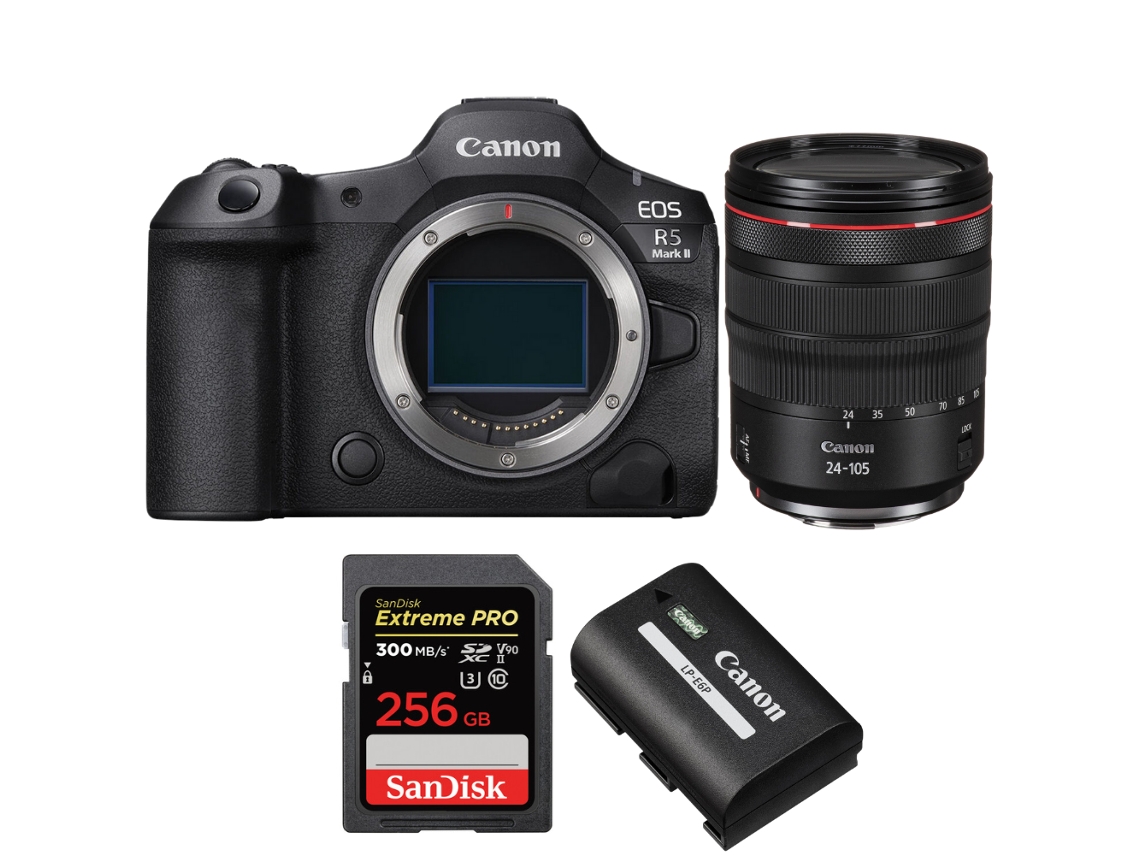 Canon EOS R5 Mark II + RF 24 105mm F/4 L IS Usm + 1 Sandisk 256GB UHS II 300MB/s + 1 Canon LP e6p + Libro electrónico “20 consejos para fotos impresionantes”