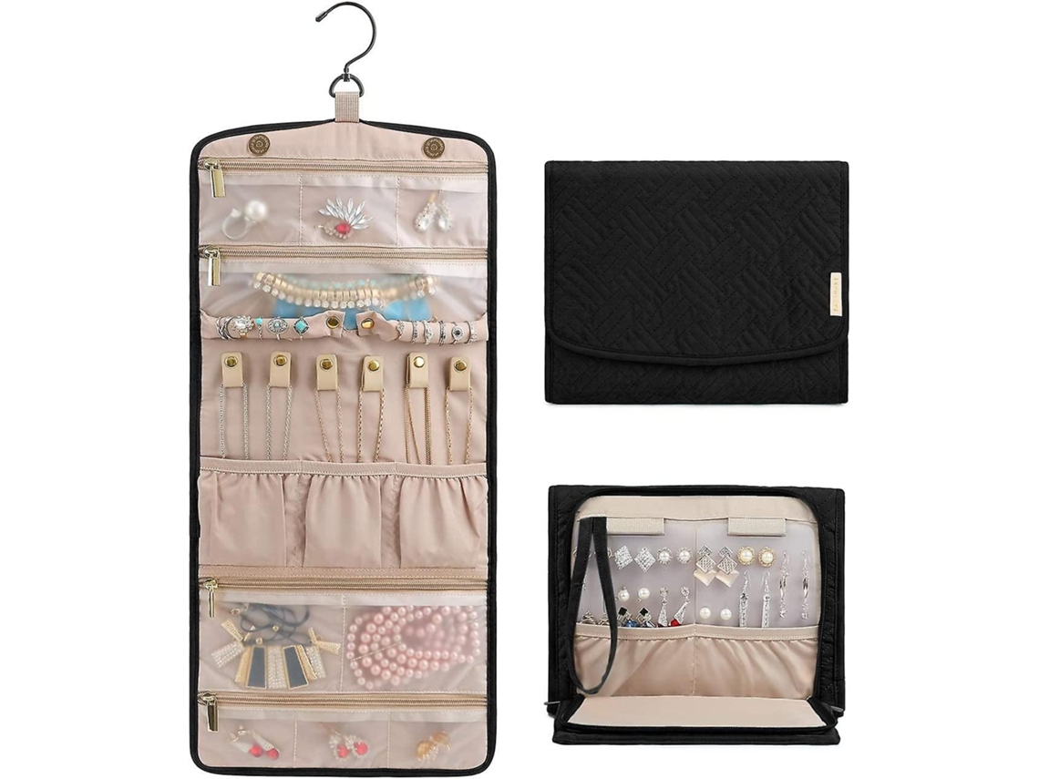 Organizador De Joias Plegável Para Viagens Com Bolsos E Compartimentos Para Anéis, Colares, Pulseiras E Pingentes - Preto