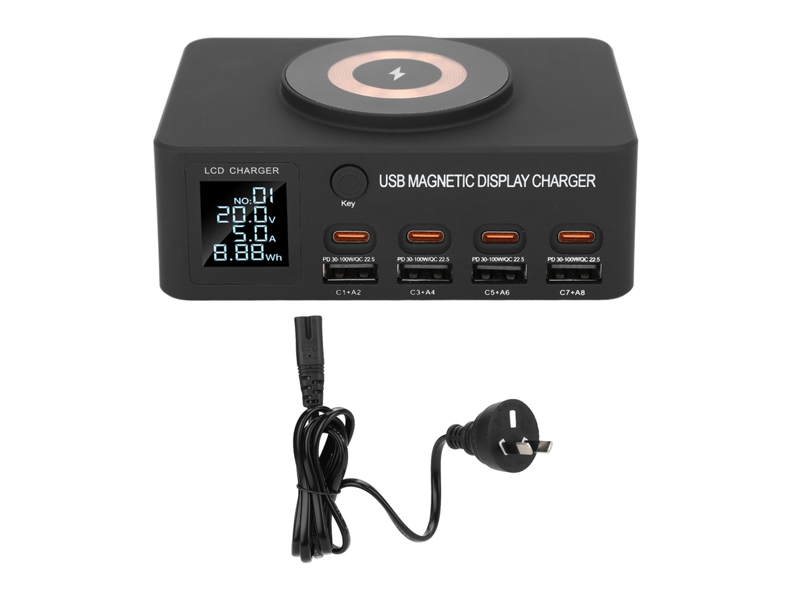 Cargador Inalámbrico Magnético Con Pantalla Digital Multifuncional, 8 Puertos Pd100w, Carga Rápida Con Pantalla Lcd