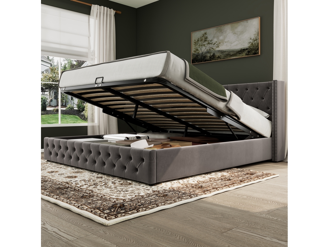 Cama Doble 180x200 Cm, Cabecero Tapizado Con Alas Laterales, Tachuelas Decorativas, Terciopelo Gris, Almacenamiento Hidráulico.